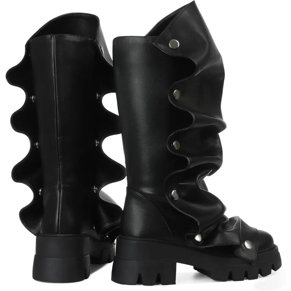 Women's Black Pu Fold Over Knee Slouchy Ruched Stacked Heel Round Toe Boots